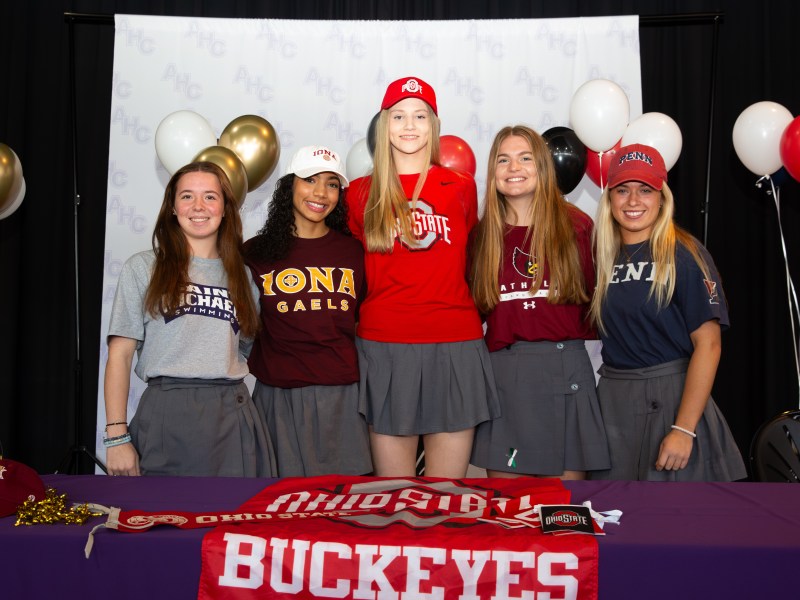 Holy Cross student athletes (from left) Mary Mongelli, Jaylyn Simon, Emmi Sellman, Meredith Dunsmore and Mae Zaremba reveal their college commitments for the fall 2024 season. Credit: George Allen Photography