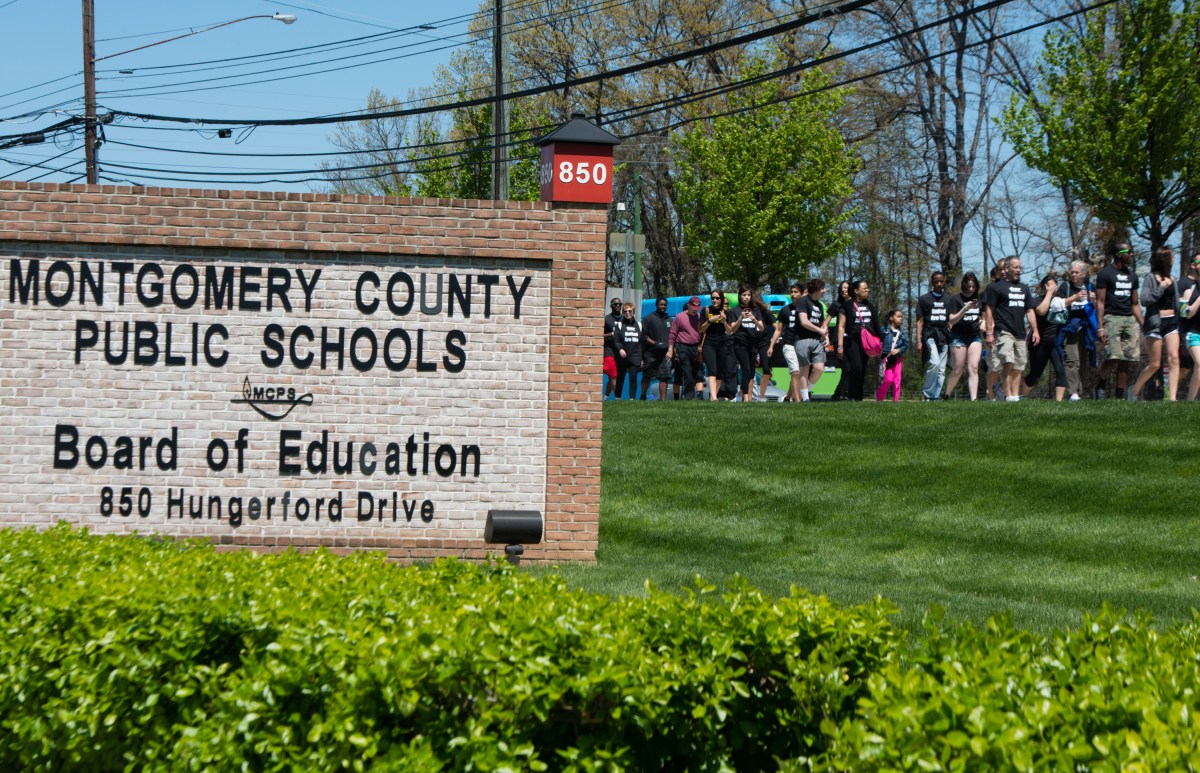 Sign in front of the Montgomery County Public Schools Board of Education building in Rockville.