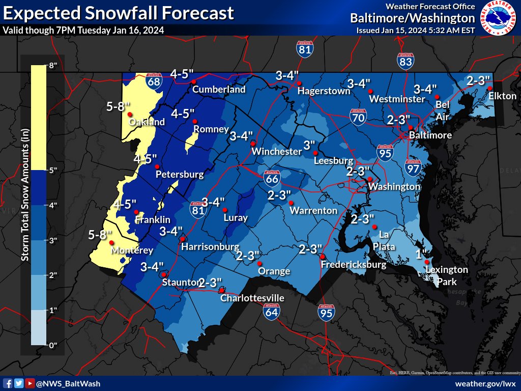 Weather map from the Baltimore/Washington region showing expected snowfall forecasts for January 16, with snow amounts of 3-4" in northern and western regions and 2-3" in eastern and southern regions.