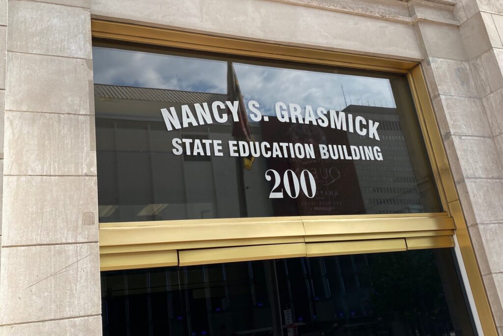 a window that says Nancy S. Grasmick State Education Building 200